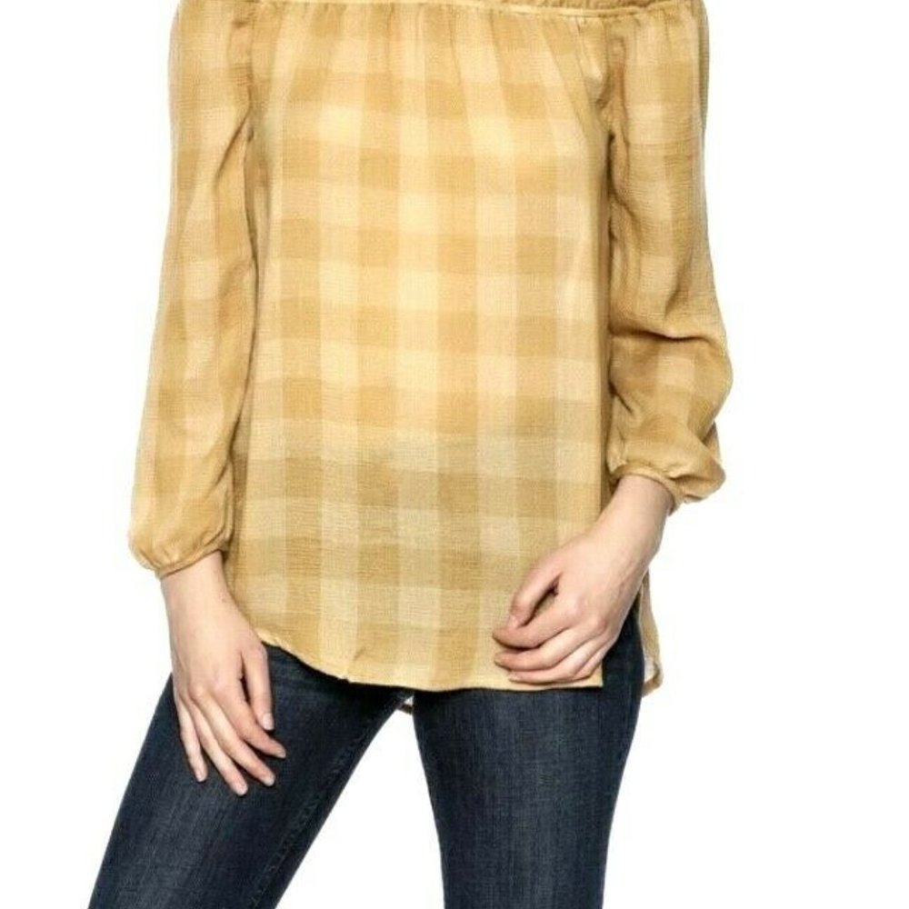 Blu Pepper Plaid Peasant Off the Shoulder Top